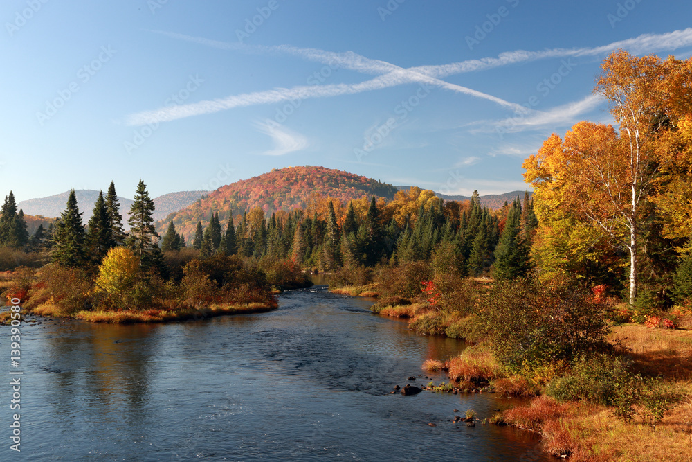 Autumn in Canada. Autumn. Blue sky, white clouds. Autumn forest and mountain river. Autumn hills. Colourful autumn morning in mountain.