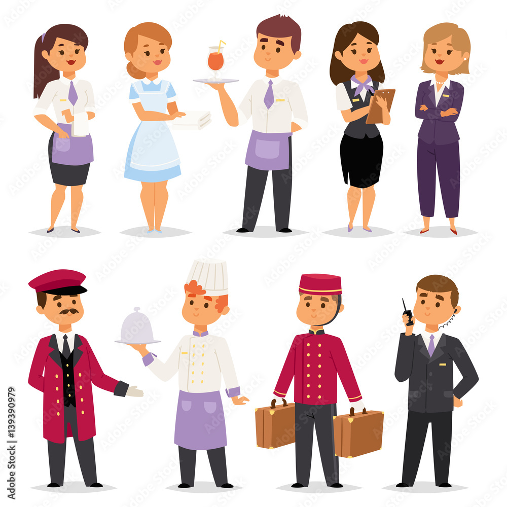 Hotel professions people workers happy receptionist standing at hotel counter and cute characters in uniform reservation entry service vector illustration. Hotel professions people workers happy receptionist standing at hotel counter and cute characters in uniform reservation entry service vector illustration.