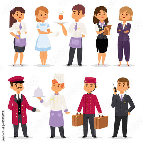 Hotel professions people workers happy receptionist standing at hotel counter and cute characters in uniform reservation entry service vector illustration.