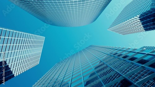 Skyscrapers with blue glass, high rise building, skyscrapers, business concept of successful industrial architecture. 3d animation