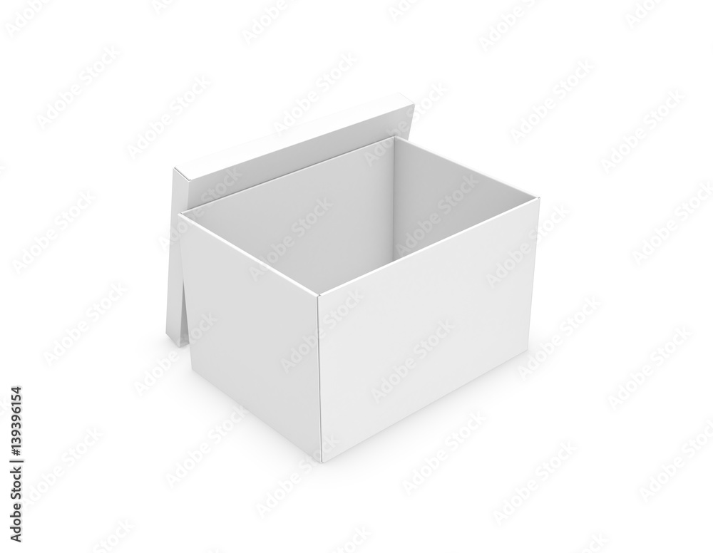 3d rendering of a white rectangle box with a lid leaning on its side on white background. 3d rendering of a white rectangle box with a lid leaning on its side on white background.