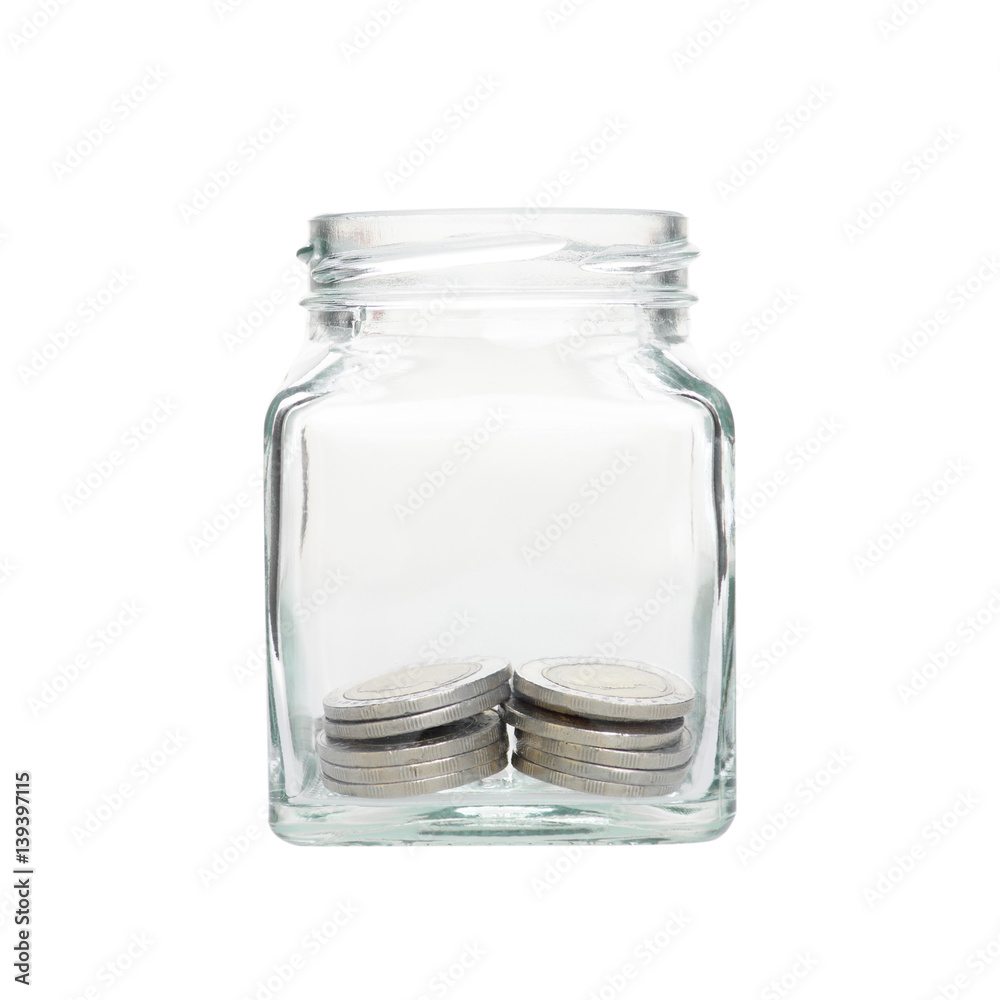 Investment growth concept,money coins in clear jar over white background,saving money Investment growth concept,money coins in clear jar over white background,saving money