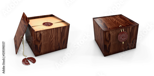 Close and open Wooden box caskets with royal stamp. 3d Illustaration © tussik