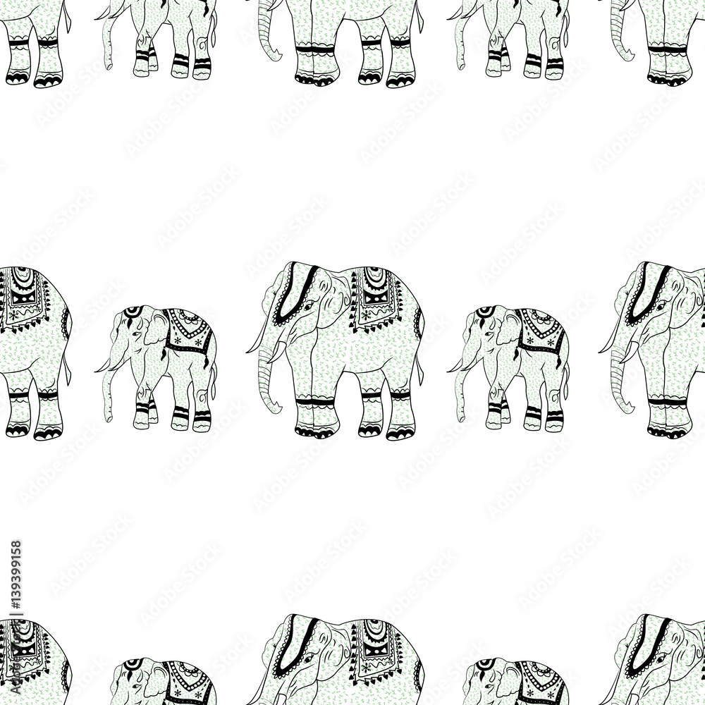 Seamless pattern with decorated Ethnic indian elephants