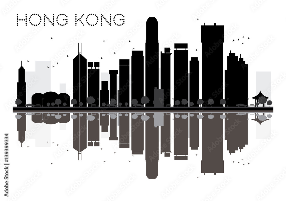 Hong Kong City skyline black and white silhouette with Reflections.