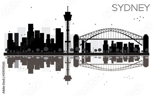 Sydney City skyline black and white silhouette with Reflections.