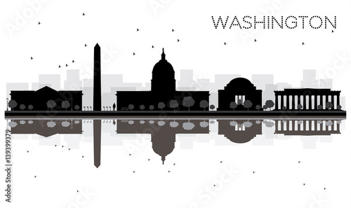 Washington DC City skyline black and white silhouette with Reflections.