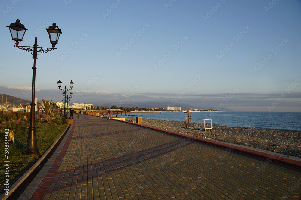 Quay in Sochi at winter time, near of the Olympic Avenue. Black Sea