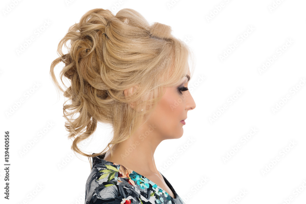 Girl blonde hairstyle model shows in profile Girl blonde hairstyle model shows in profile