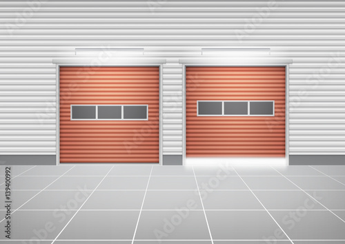 Storefront or shopfront is a facade or commercial building. Exterior with door and floor or entryway for retail shop or store. Protection with security shutter or roller door. Vector illustration.