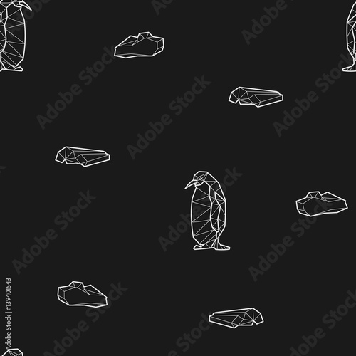 Seamless black and white kids tribal vector pattern with penguins and ice floes.