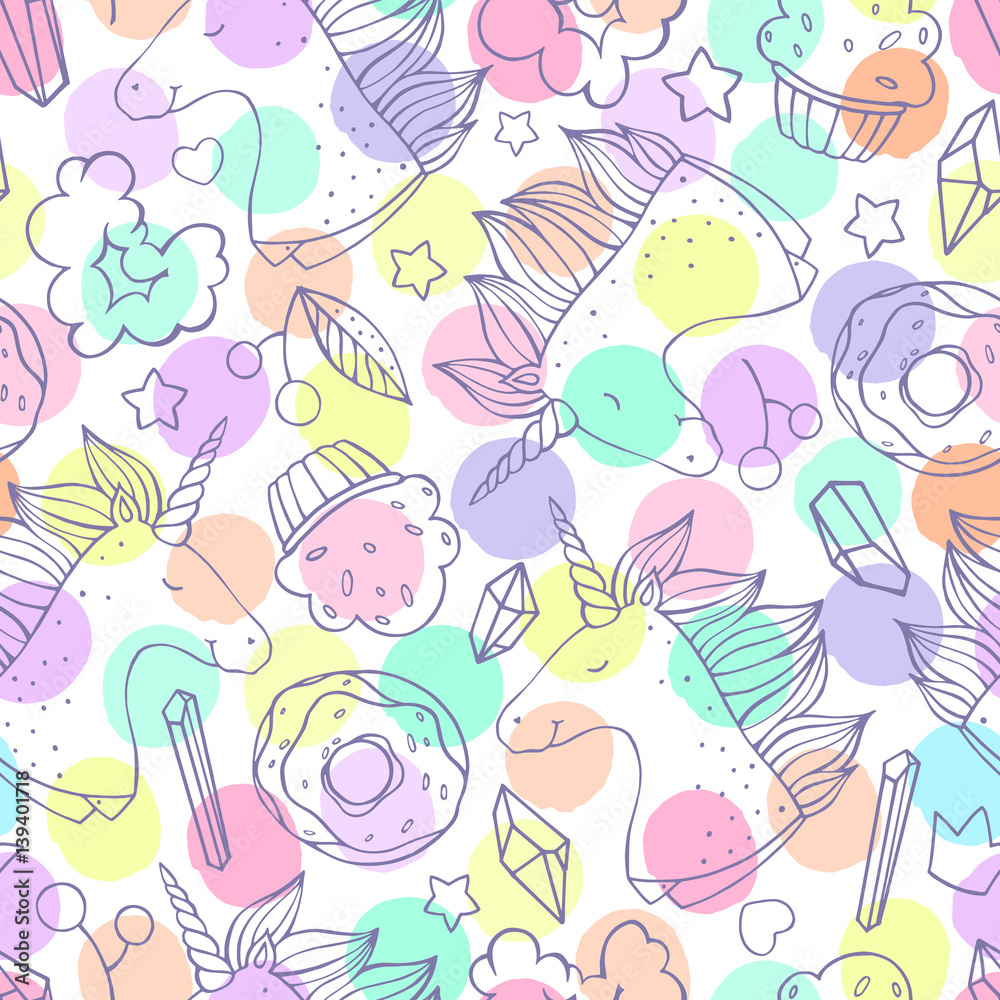 Seamless pattern with unicorns, sweets and crystals.