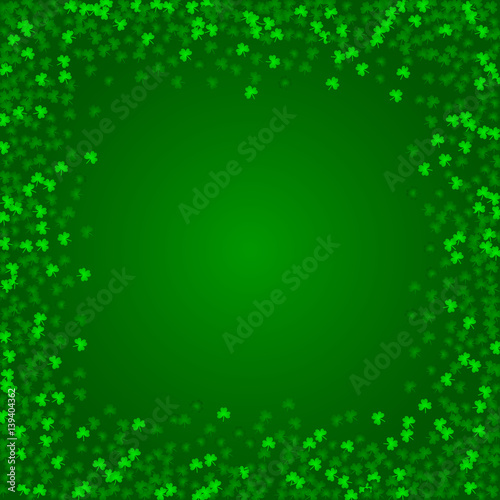 Square Saint Patricks Day background with green clover confetti. Frame of shamrock leaves. Template for greeting card design, banner, flyer, party invitation.