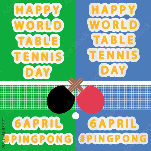 flat vector rounded inscription happy word table tennis 6 April hashtag ping pong on abstract table with net, racket and ball icon backgrounds