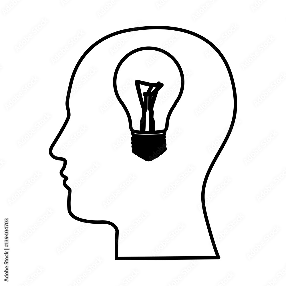 black contour human face with bulb light in mind vector illustration black contour human face with bulb light in mind vector illustration