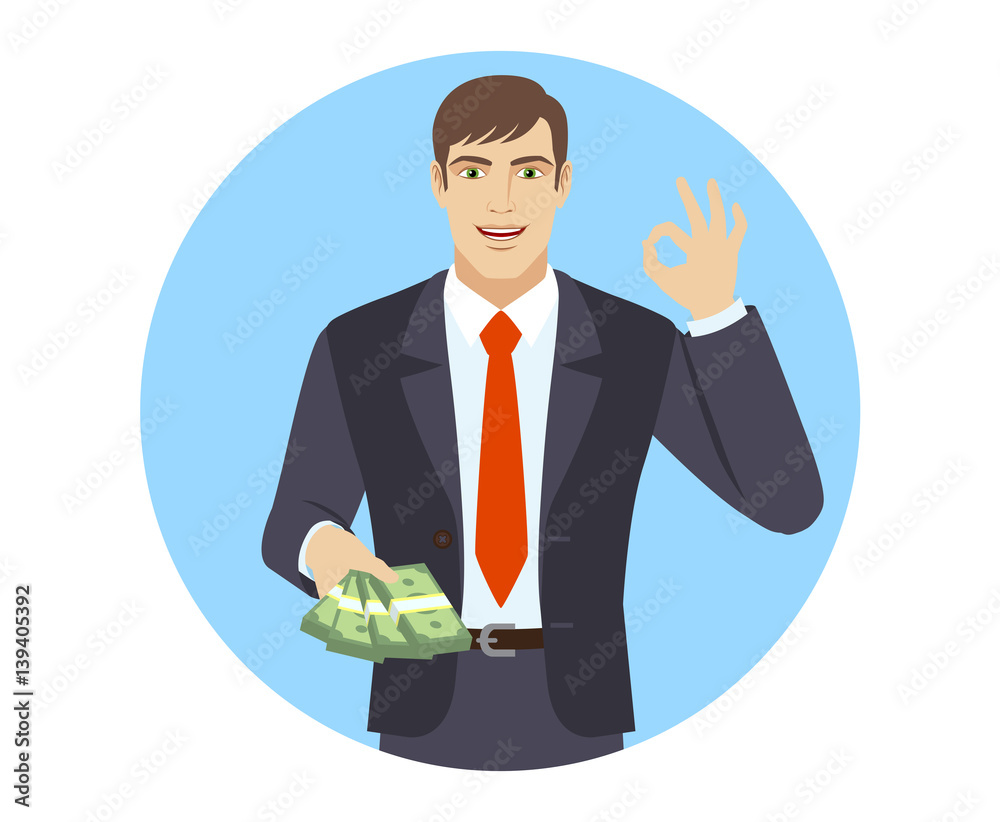 Businessman with money show a okay hand sign Businessman with money show a okay hand sign