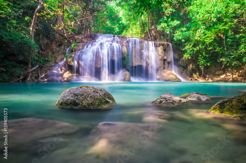 Beautiful limestone Waterfall, Erawan National Park, Kanchanaburi, Thailand.