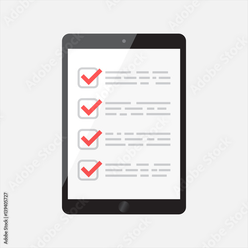 Businessman checklist with tablet. Check list icon flat vector illustration.