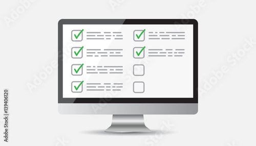 Businessman checklist with computer. Check list icon flat vector illustration.