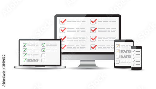 Online survey, checklist set. Tablet, computer, mobile blank screen. Feedback business concept. Flat vector illustration for web site, mobile app.