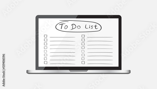 Businessman to do list, checklist with laptop computer. Check list icon flat vector illustration.
