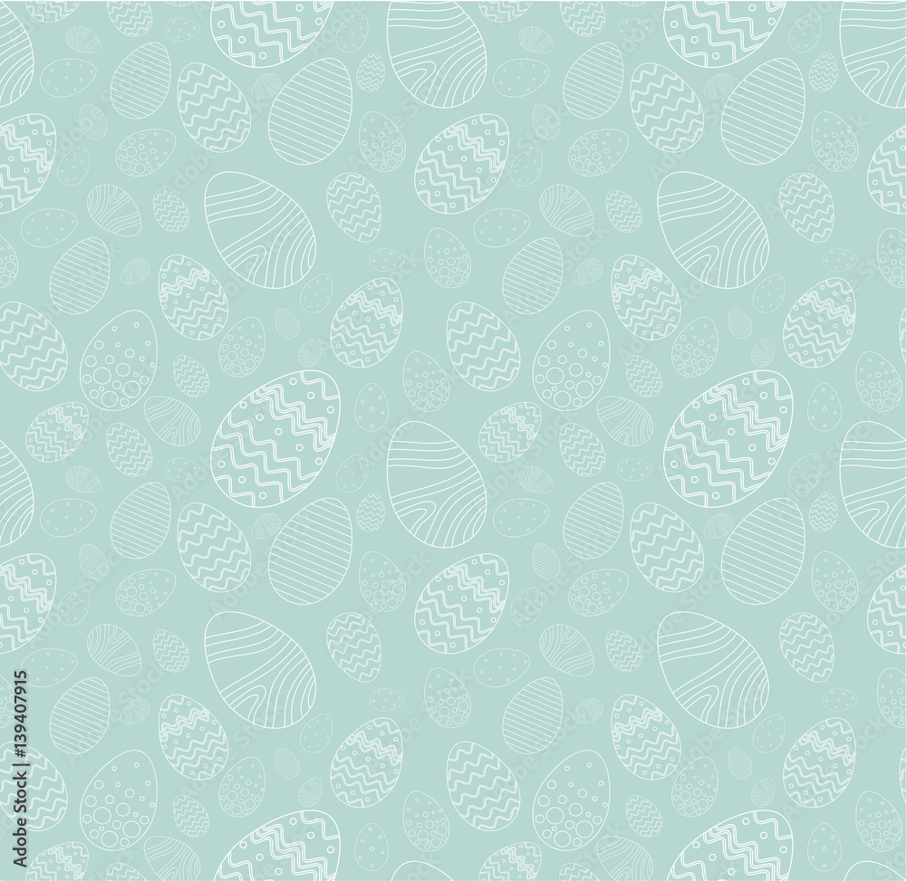 Seamless background for happy Easter day. The decorative Easter eggs with different patterns and different sizes on a blue background.