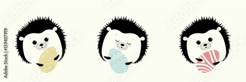 Illustration. You can apply for Happy Easter.Cute hedgehogs are depicted with open and closed eyes, holding in the paws a Easter eggs with color ornament on it.