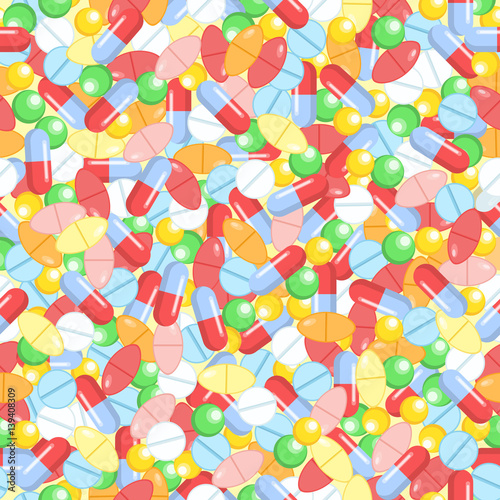 Colorful tablets with capsules. Medical seamless pattern and pharmacy background.