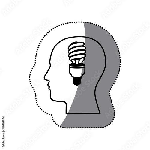 sticker black contour human face with fluorescent bulb in mind vector illustration