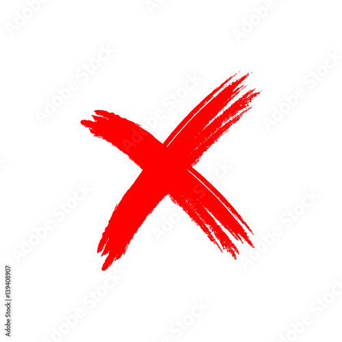 Cross sign element. Red grunge X icon, isolated on white background. Mark graphic design. Button for vote, decision, web. Symbol of error, check, wrong and stop, failed. Vector illustration