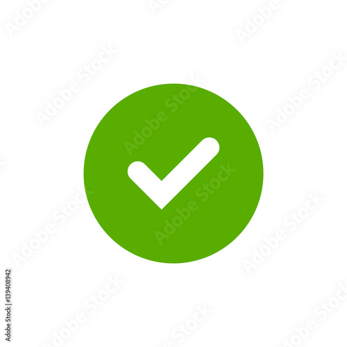 Tick sign element. Green checkmark icon isolated on white background. Simple mark graphic design. Circle OK button for vote, decision, web. Symbol of correct, check, approved Vector illustration