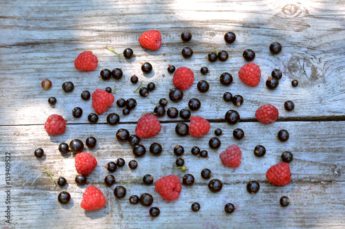 Scattered, fresh, natural blackcurrant and red raspberry on grey table - berries background