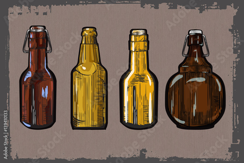 Vector set of beer bottle,ink hand drawn style vintage engraving,isolated on grunge background. Fresh craft beer. Vintage poster for cold ale.Doodle Style