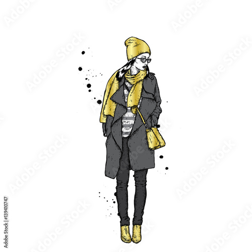 Beautiful girl in a coat with a cap and a scarf. Stylishly dressed woman. Vector fashion illustration.