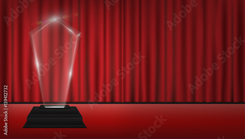real 3d transparent acrylic trophy with red curtain stage background
