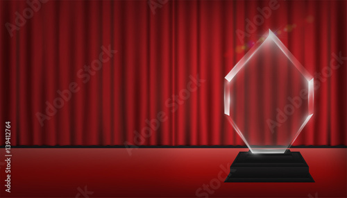 real 3d transparent acrylic trophy with red curtain stage background
