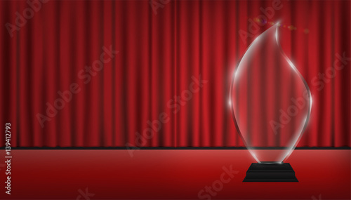 real 3d transparent acrylic trophy with red curtain stage background
