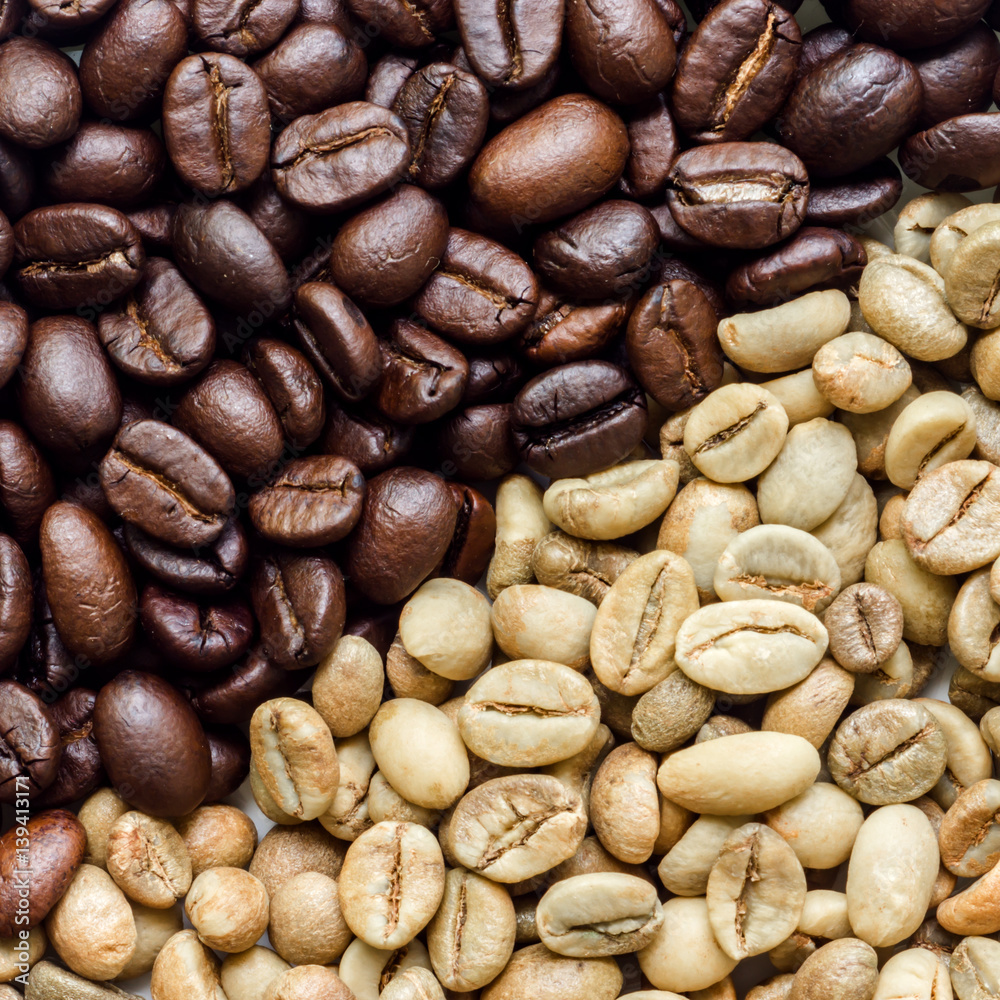 Raw and roasted coffee beans. Raw and roasted coffee beans.
