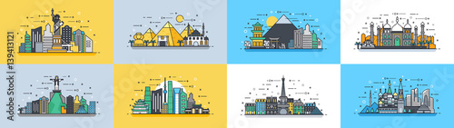 Brazil Russian France, Japan, India, Egypt China USA architecture buildings town city country travel icon linear style