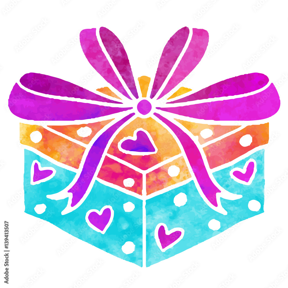 Watercolor gift box with bow and hearts Watercolor gift box with bow and hearts