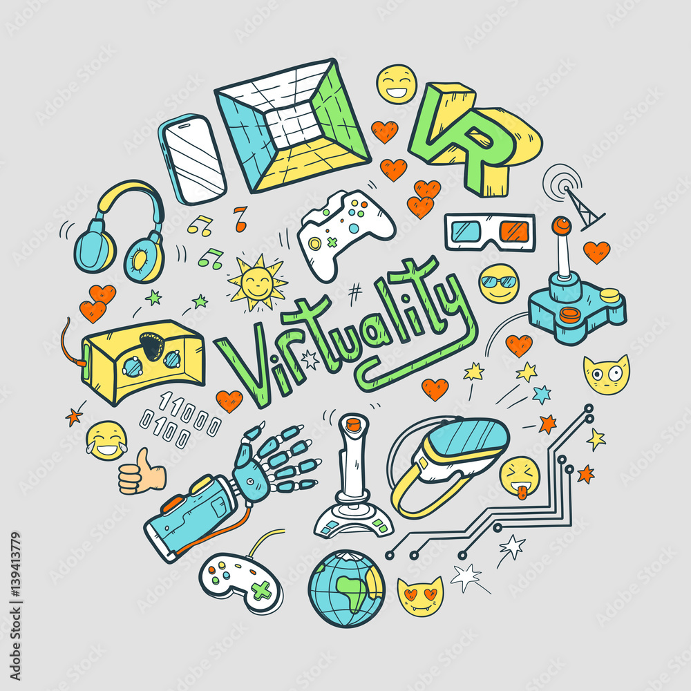 Doodle vector round illustration with virtual reality and innova Doodle vector round illustration with virtual reality and innova