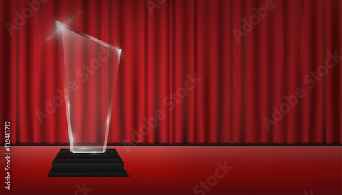 real 3d transparent acrylic trophy with red curtain stage background
