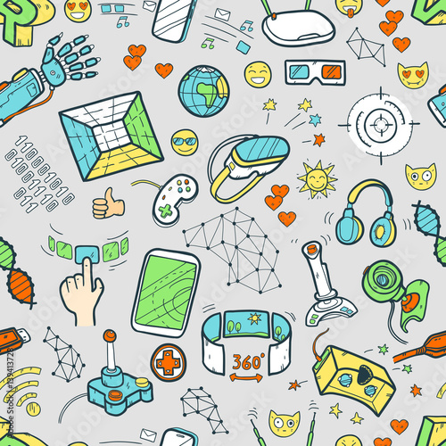 Doodle vector seamless pattern with virtual reality and innovati