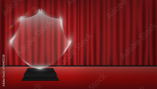 real 3d transparent acrylic trophy with red curtain stage background
