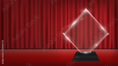 real 3d transparent acrylic trophy with red curtain stage background

