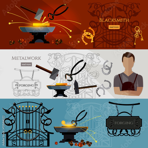 Professional smith banner. Forging on gland, creation of iron fencings and fences. Blacksmith hammer and anvil, work in a smithy
