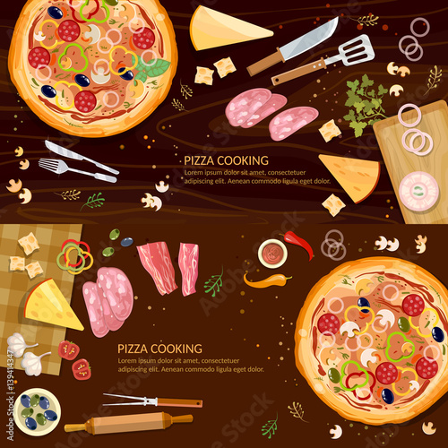 Pizza on a wooden table banner, making pizza, fresh ingredients