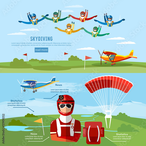 Skydiving teamwork banner extreme sport. Skydiver jumps from an airplane