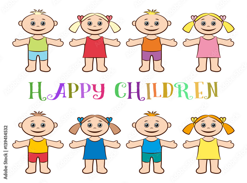 Cartoon People, Set of Happy Children, Funny Little Boys and Girls in  Colorful Clothes, Standing with Arms Wide Open and Smiling, Isolated on  White Background. Vector Stock Vector | Adobe Stock