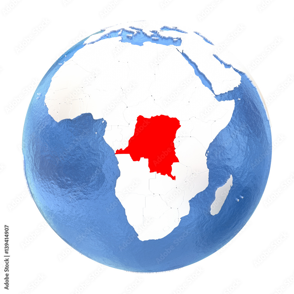 Democratic Republic of Congo on globe isolated on white